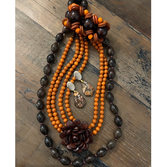 HAND CRAFTED VINTAGE SET/Natural Wood Necklaces/Bracelet & Sea Sediment Earrings - Picture 7 of 12